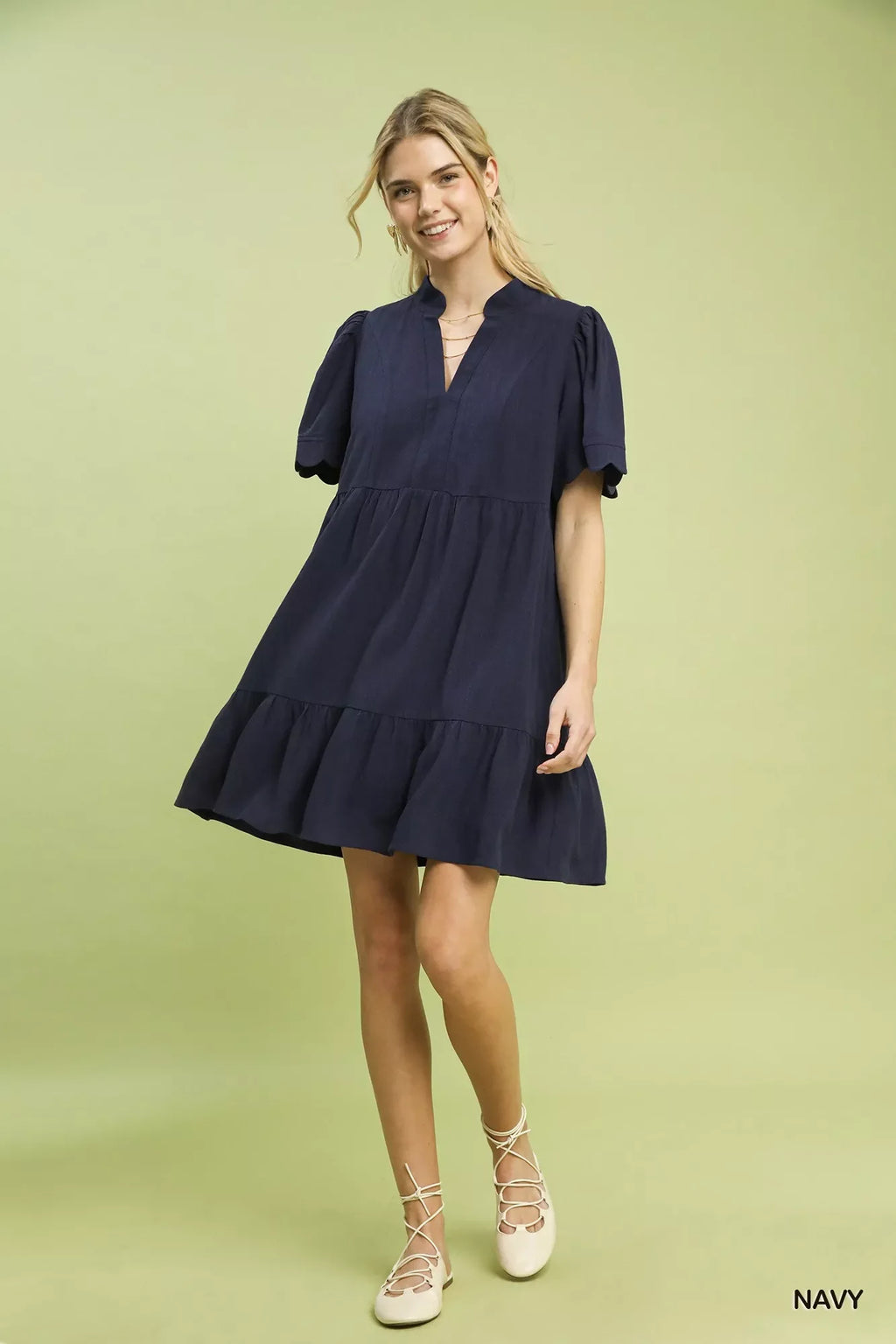 Linen Tiered Babydoll Dress with Scalloped Sleeves