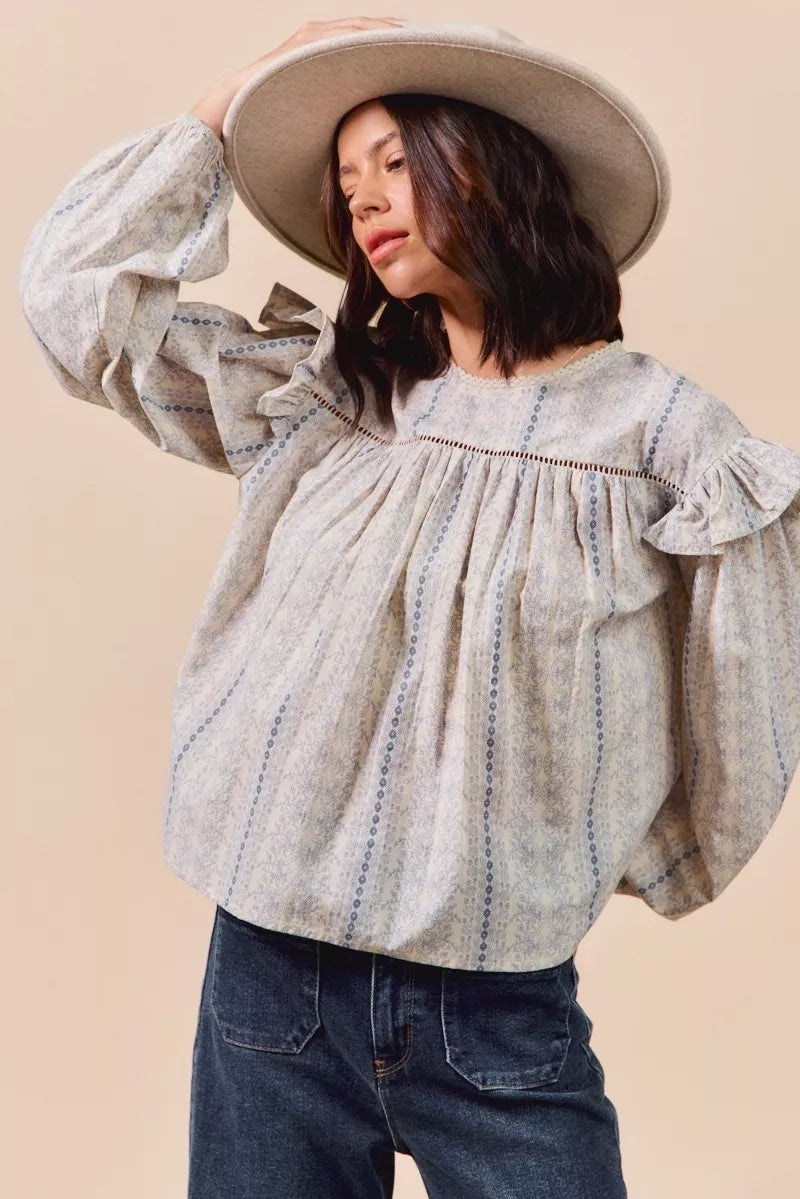Floral Cotton Print Ruffled Long Sleeve Blouse