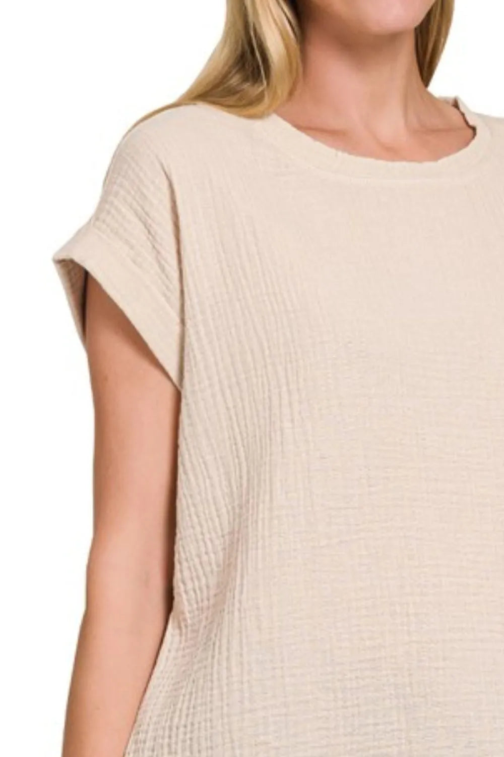 Double Gauze Round Neck Folded Short Sleeve Top