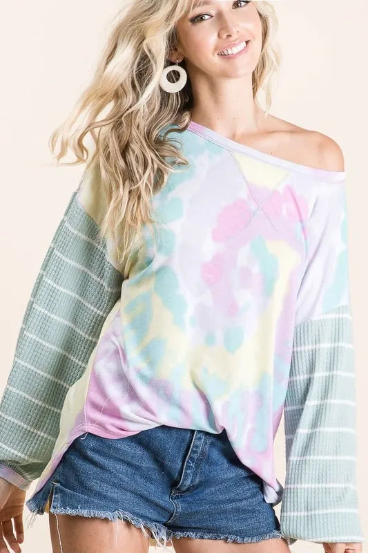 Tie Dye Terry Top with Wide Stripe Thermal Waffle