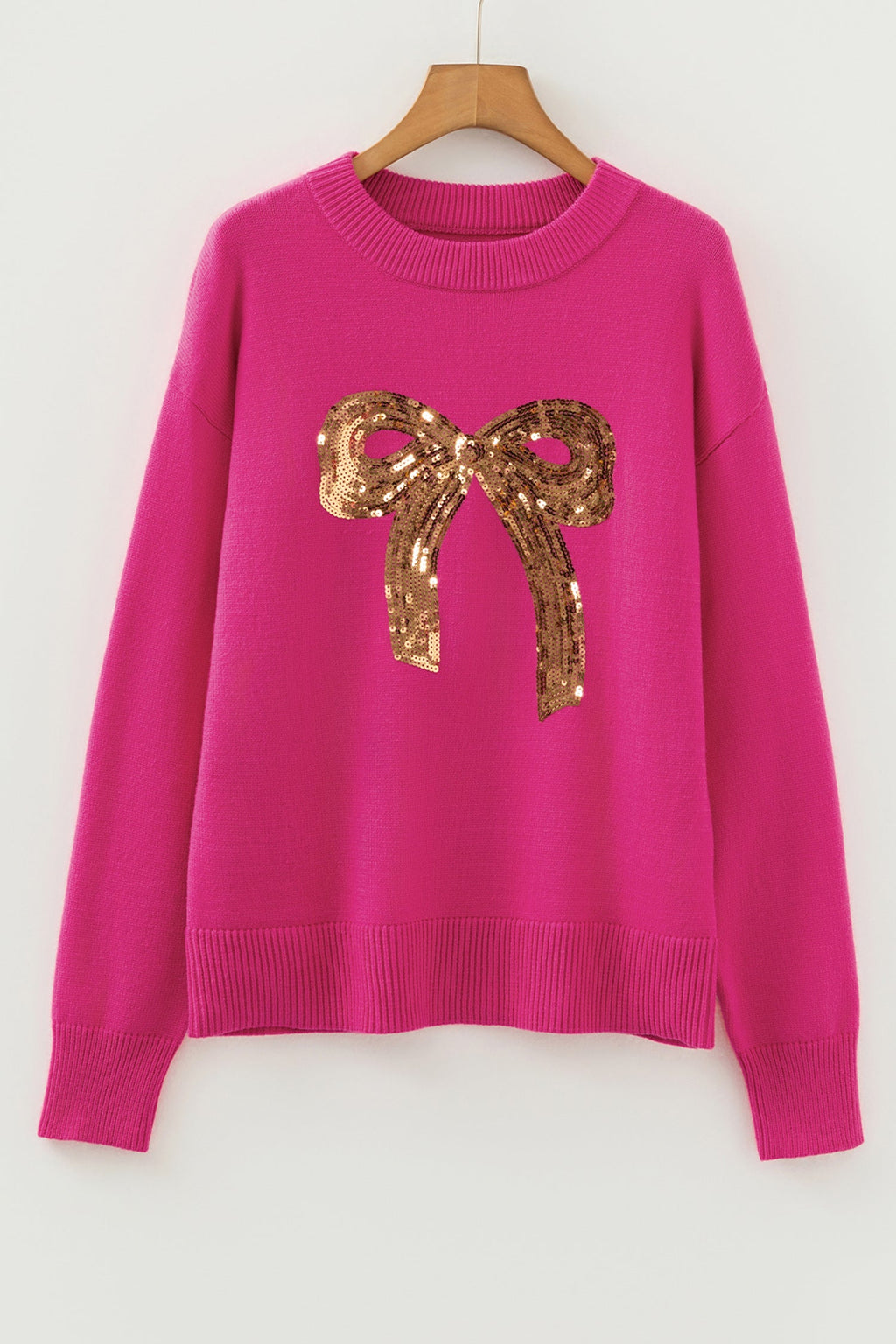 Rose Red Sequined Bow Graphic Christmas Holiday Sweater