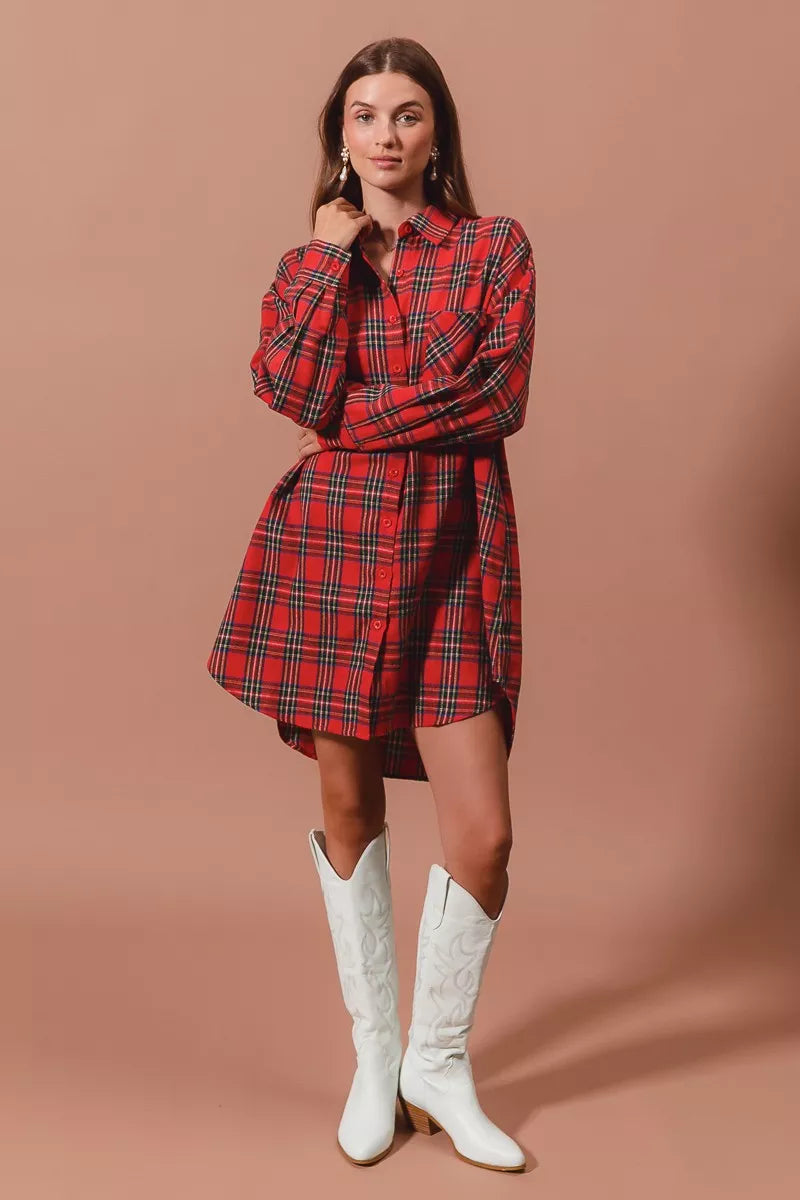 Christmas Checker Plaid Button Up Shirt Dress