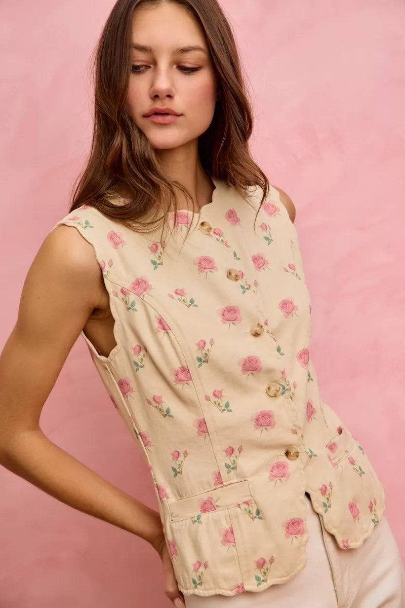 Floral Rose Cotton Twill Scallop Button Vest Top