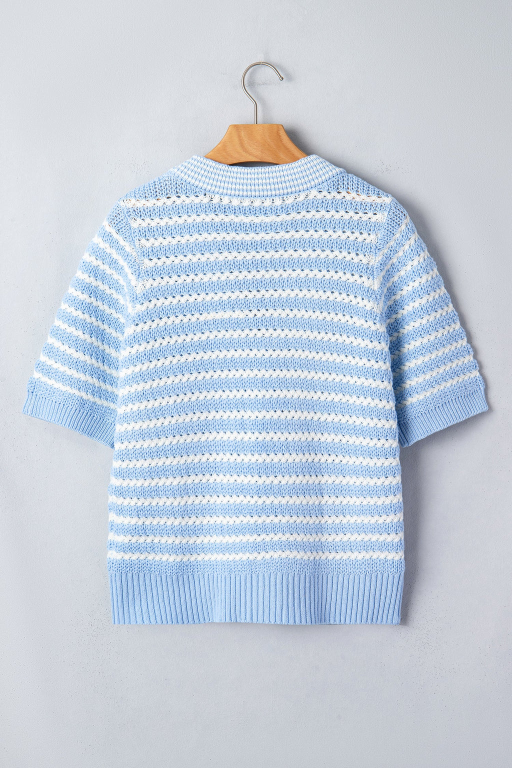 Sky Blue Stripe Short Sleeve Knit V Neck Bow Knot Sweater