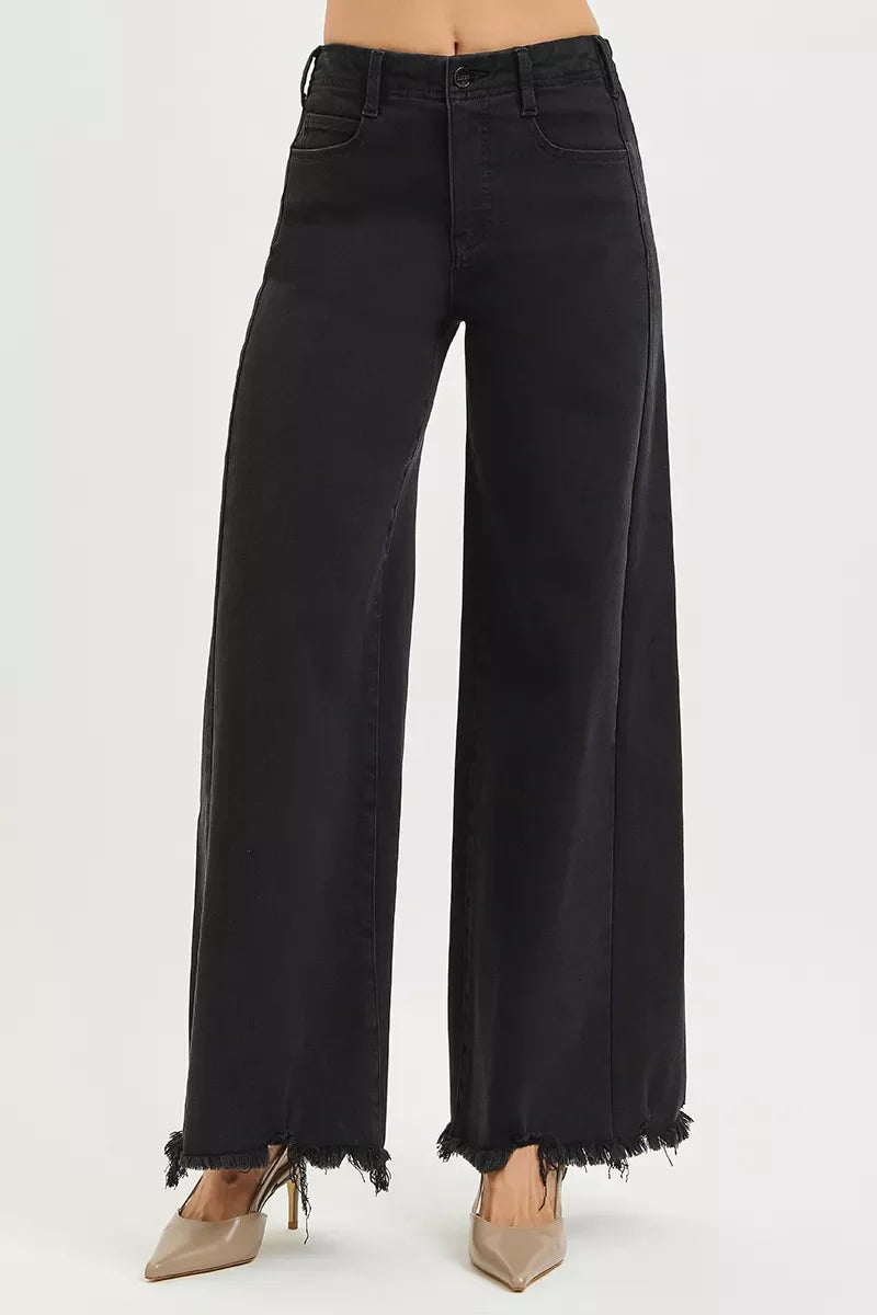 Tummy Control High Rise Palazzo Leg Frayed Hem Jeans