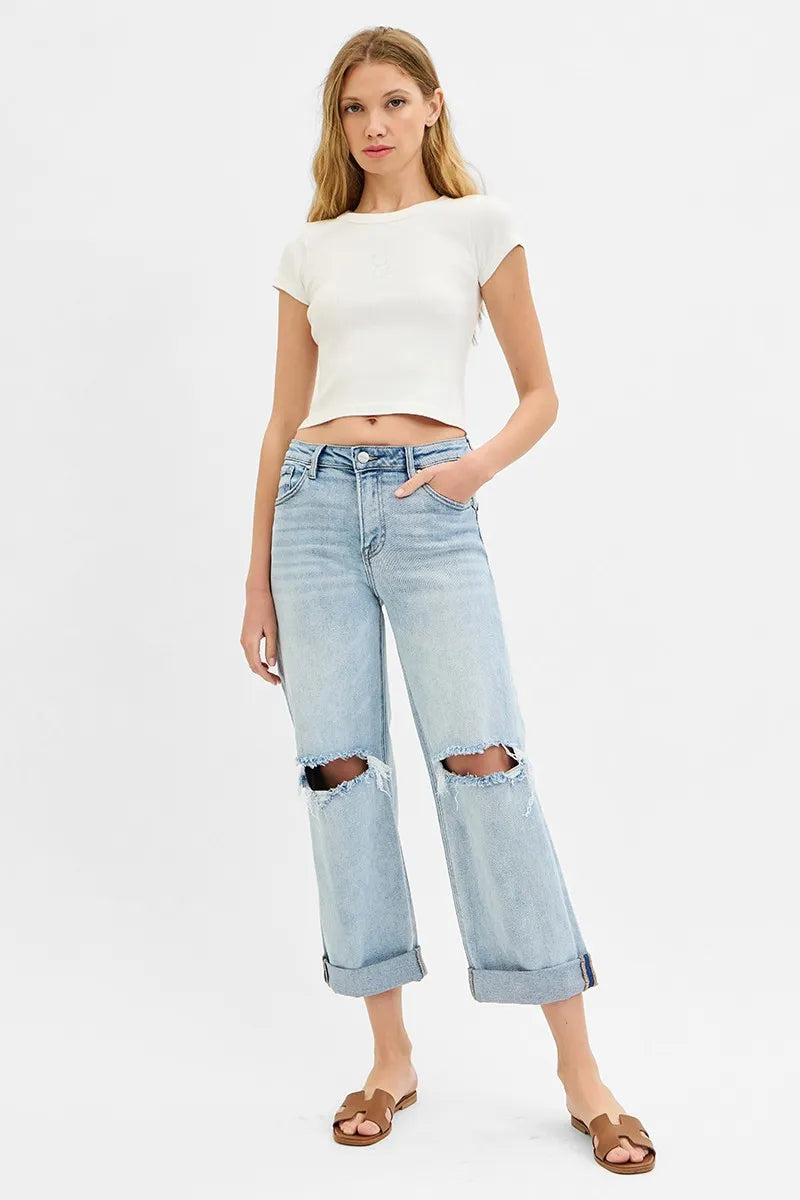 Full Size Mid Rise Fit Boyfriend Jeans with Cuff Plus Size