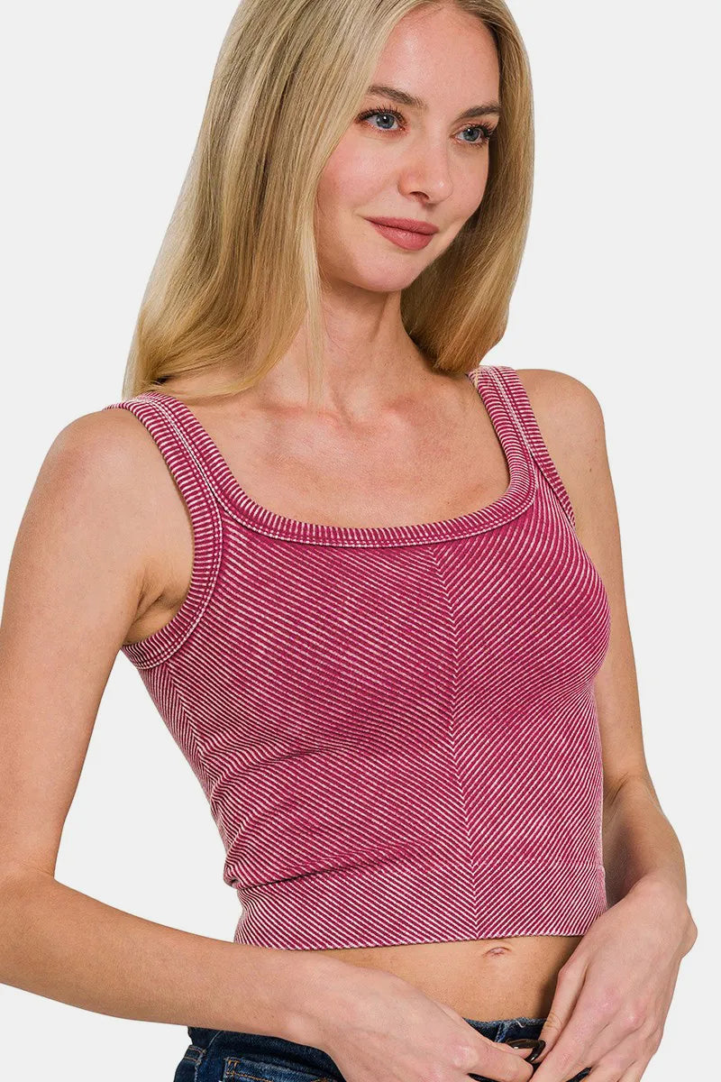 Washed Ribbed Scoop Neck Wide Strap Tank