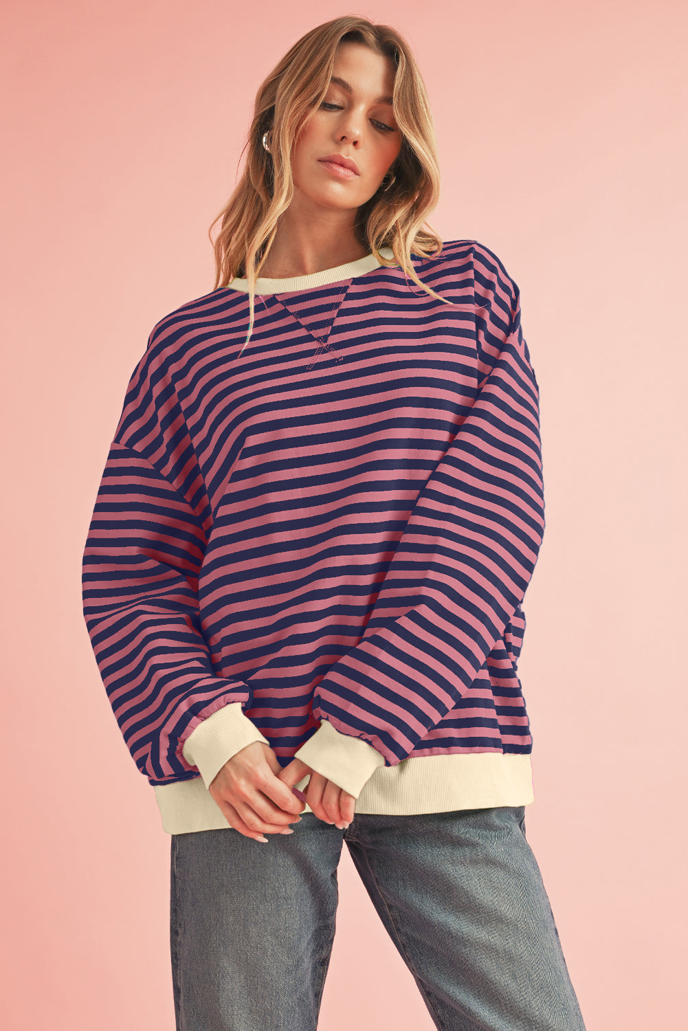 Black Stripe Contrast Edge Cross Seam Oversized Sweatshirt