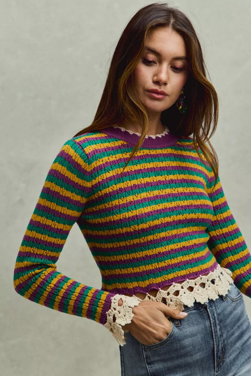 Mardi Gras Striped Cropped Knit Top with Crochet Edge