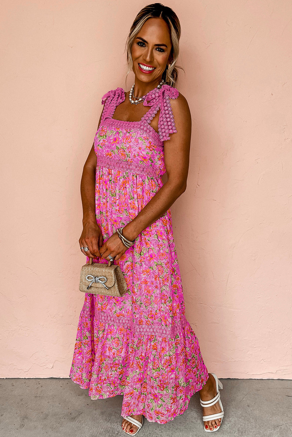 Green Floral Lace Tied Strap Empire Waist Maxi Dress
