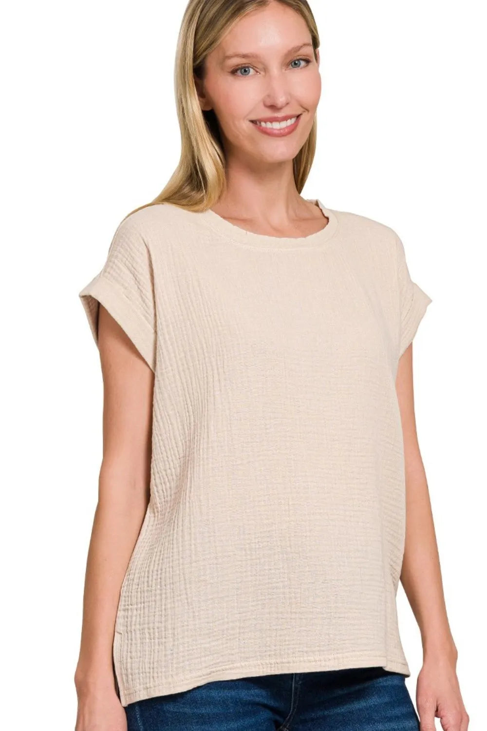Double Gauze Round Neck Folded Short Sleeve Top