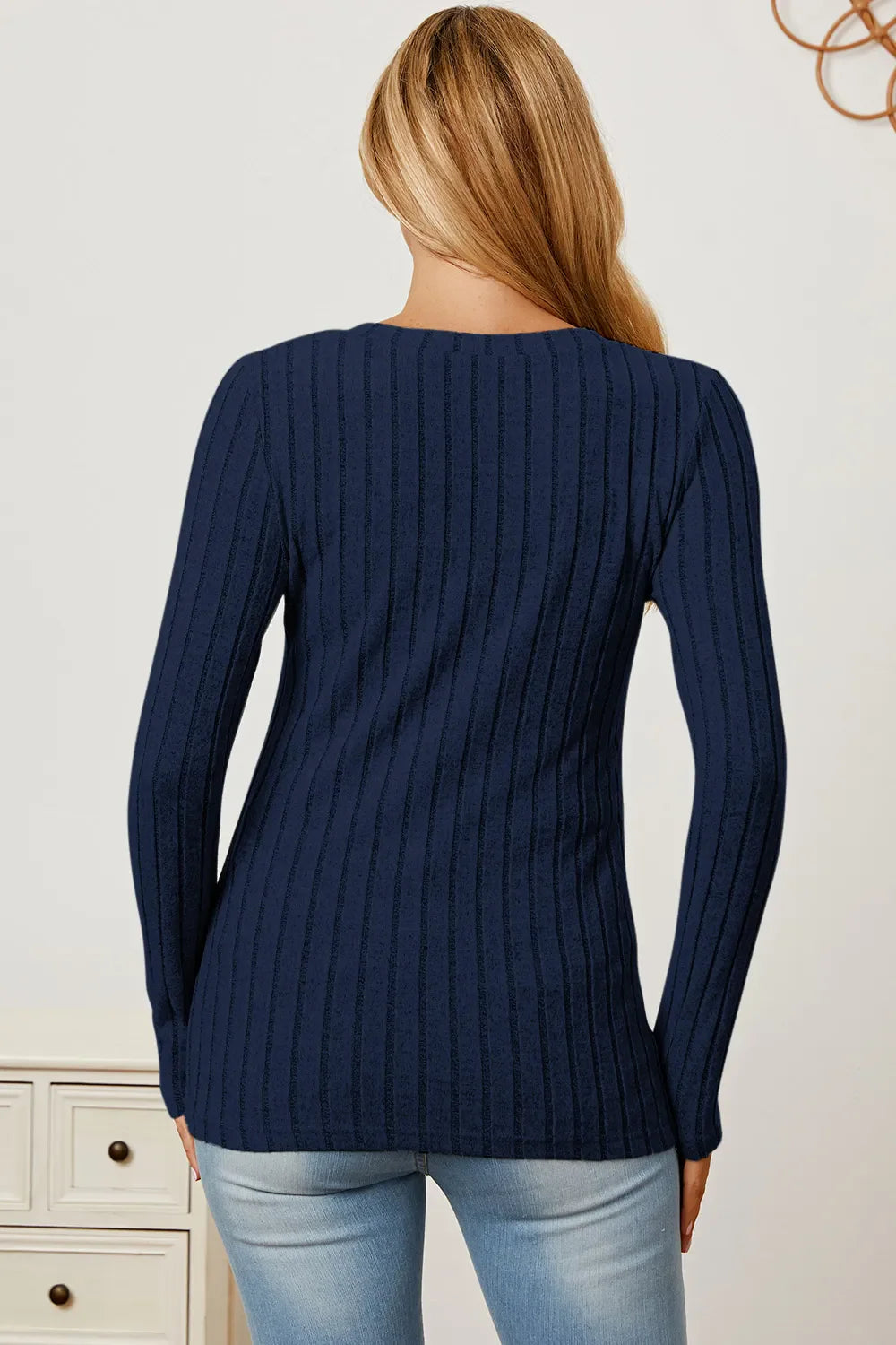 Full Size Ribbed V-Neck Long Sleeve T-Shirt