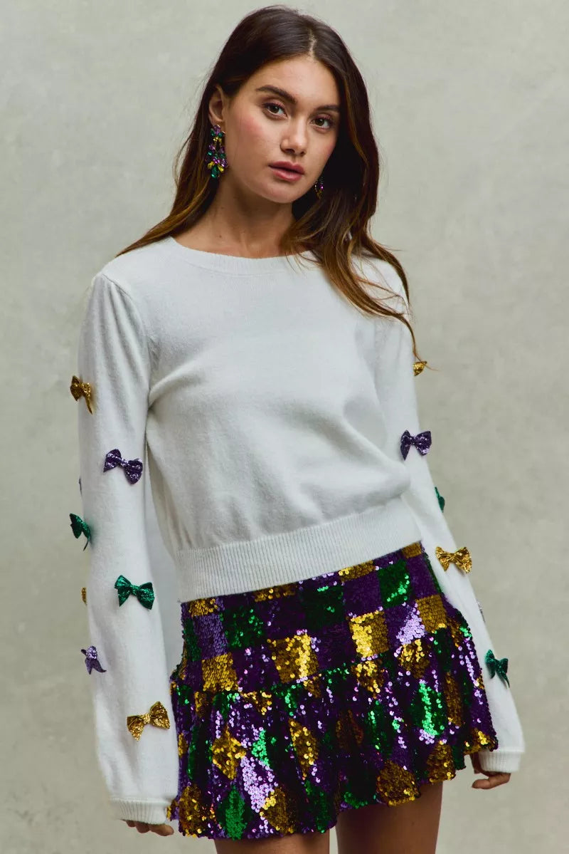 Mardi Gras Glitter Bow Ribbon Sweater Knit Top