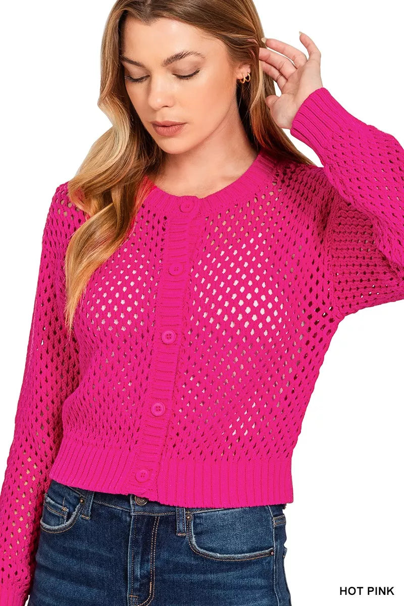 Button Down Lightweight Crochet Cardigan Sweater