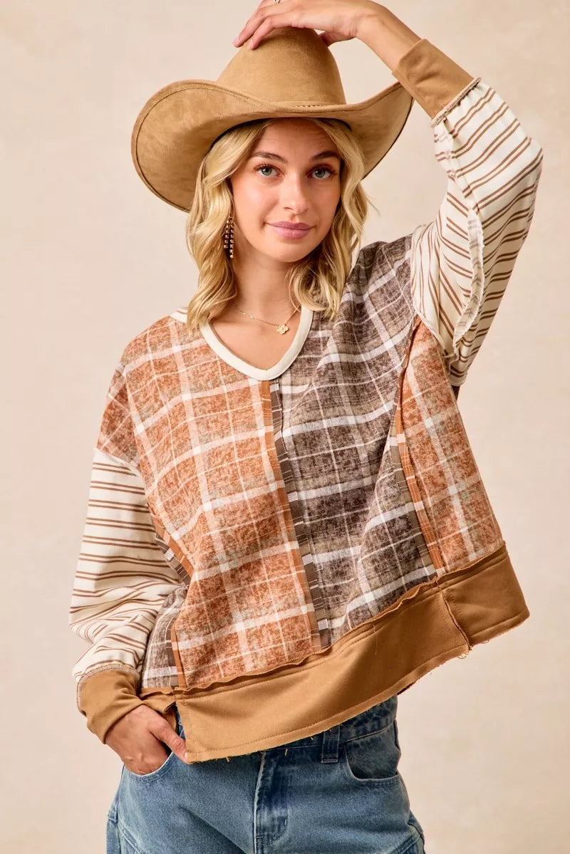 Plaid And Stripe Mix And Match Top With Open Seam