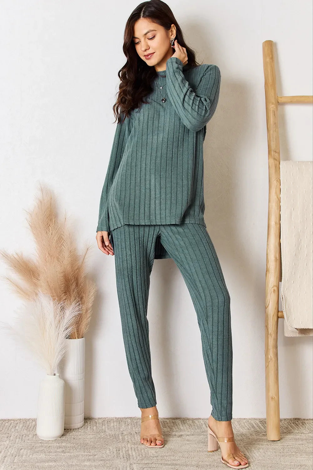 I am a Fashion Junky Full Size Ribbed Round Neck High-Low Slit Top and Pants Set