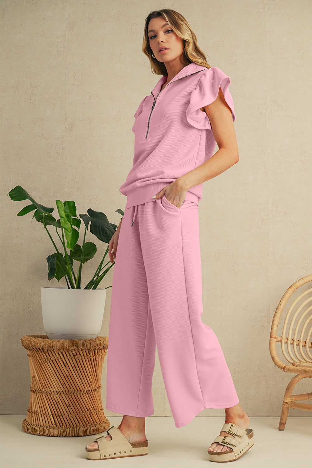 Black Textured Ruffle Sleeve Zipped Top and Wide Leg Pants Set