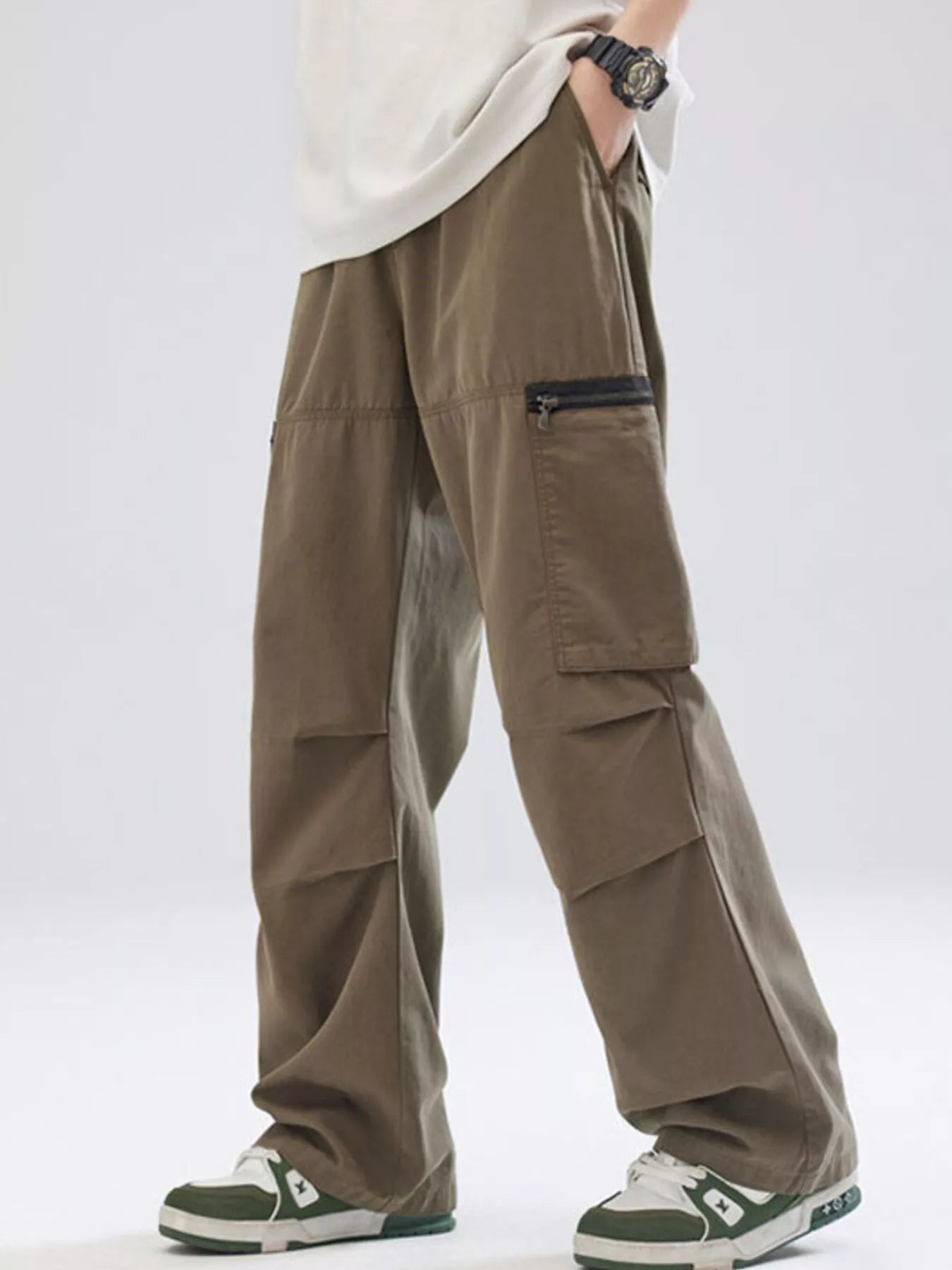 Men's Full Size Relaxed Fit Cargo Pants with Zipper Pockets Plus Size
