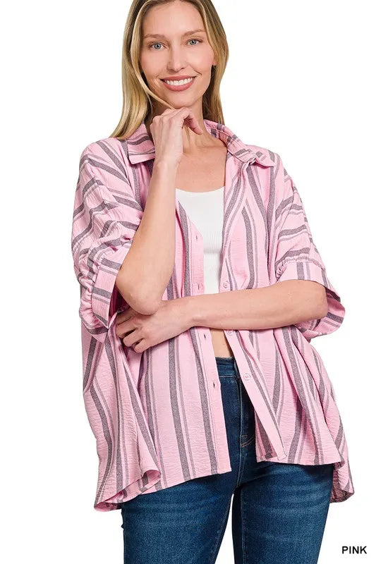 Woven Yarn-Dye Stripe Oversized Button Down Shirt