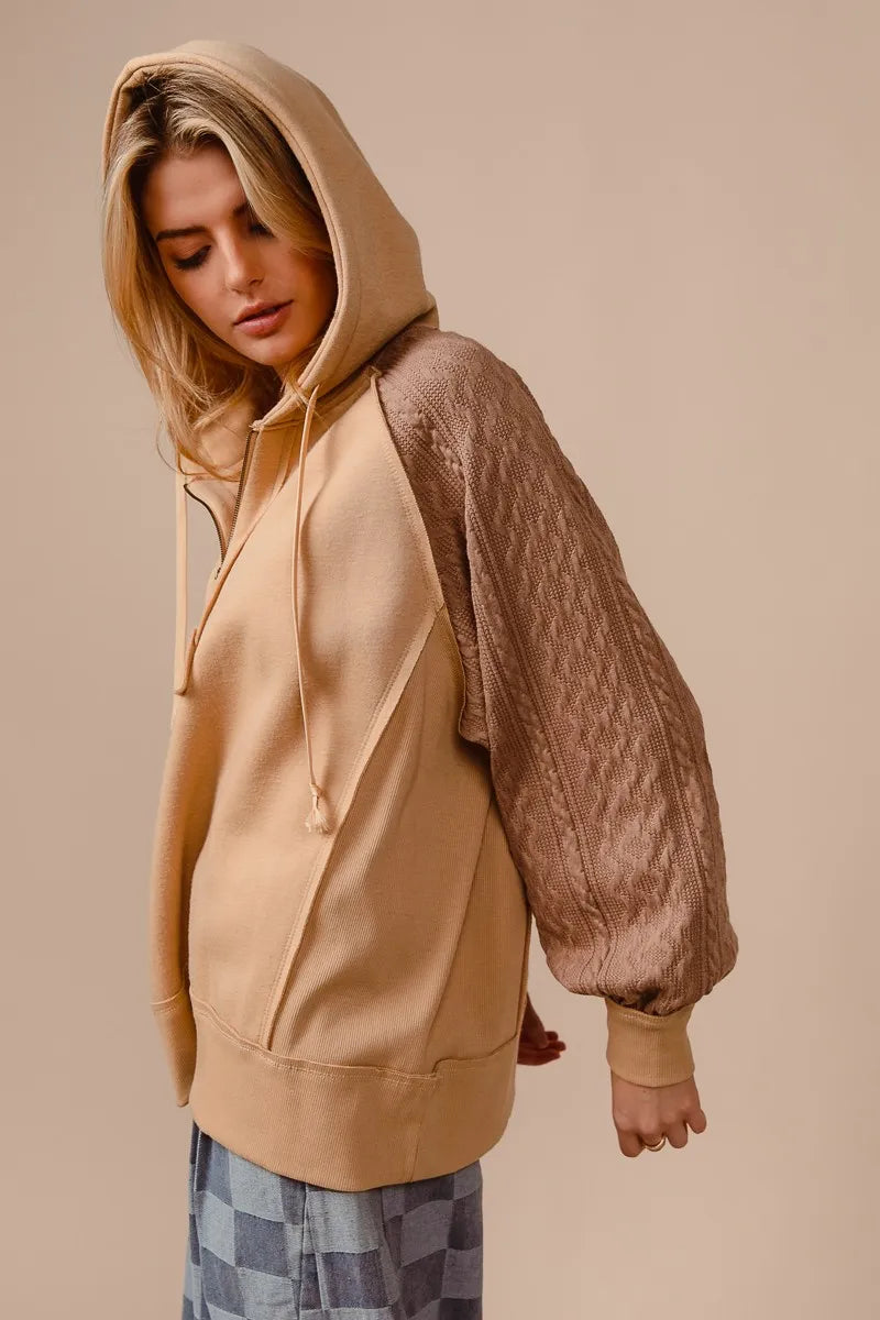 Half Zip French Terry Hoodie with Kint Sleeves