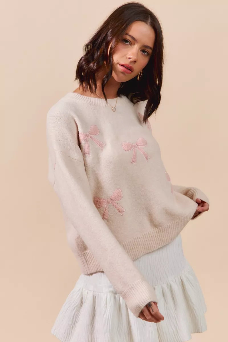 Embroidered Ribbon Round Neck Sweater