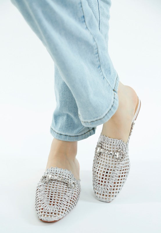 Roboma Metallic Woven Diamante Mules