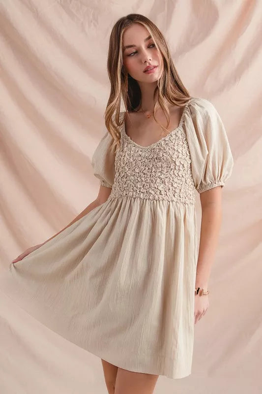 Textured Woven Daily Dress with Puff Sleeves
