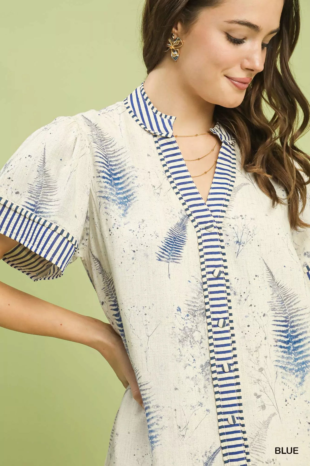 Linen Printed Button-Front Tiered Mini Dress