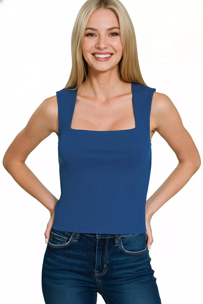 Ribbed Seamless Double Layered Square Neck Tank