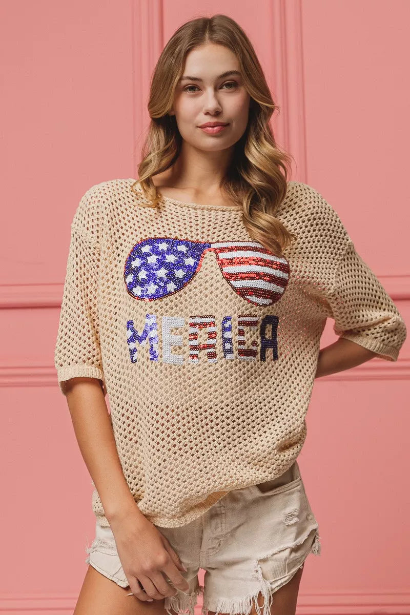 Sequin American Flag Sunglasses Knit Cover Up