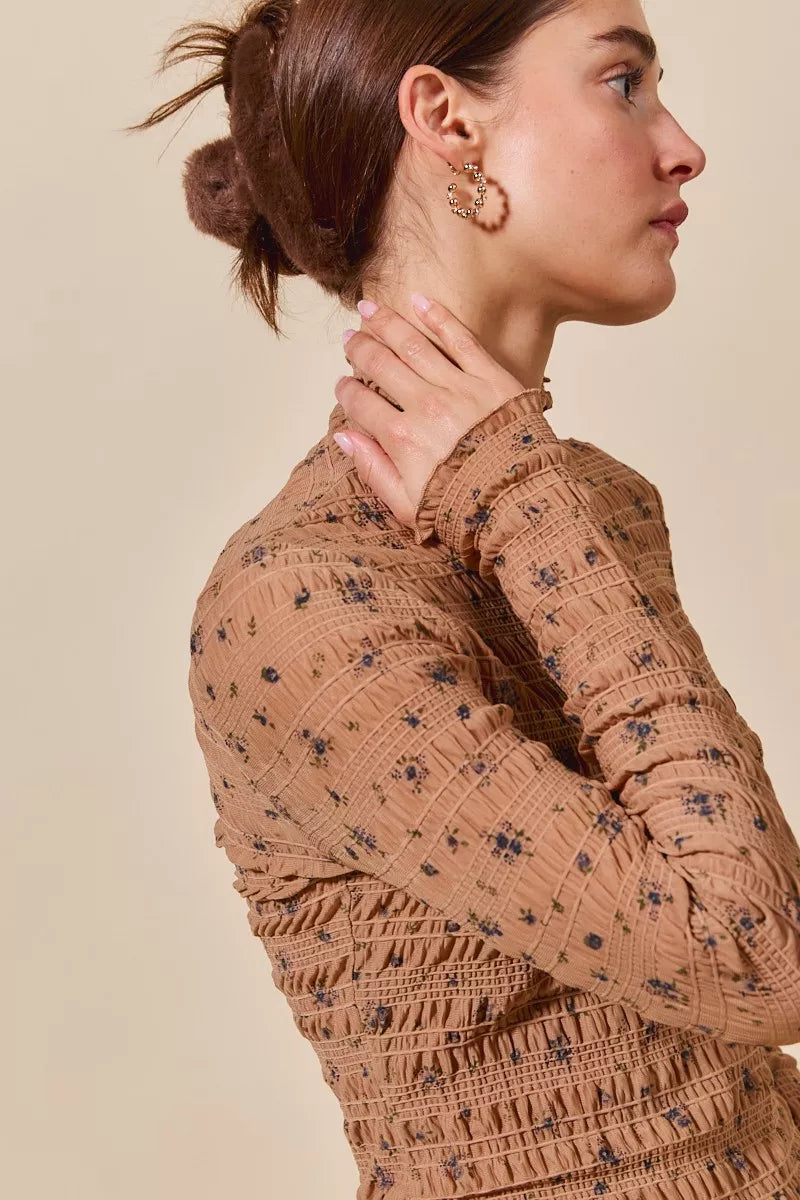 Floral Print Textured Long Sleeve Knit Top