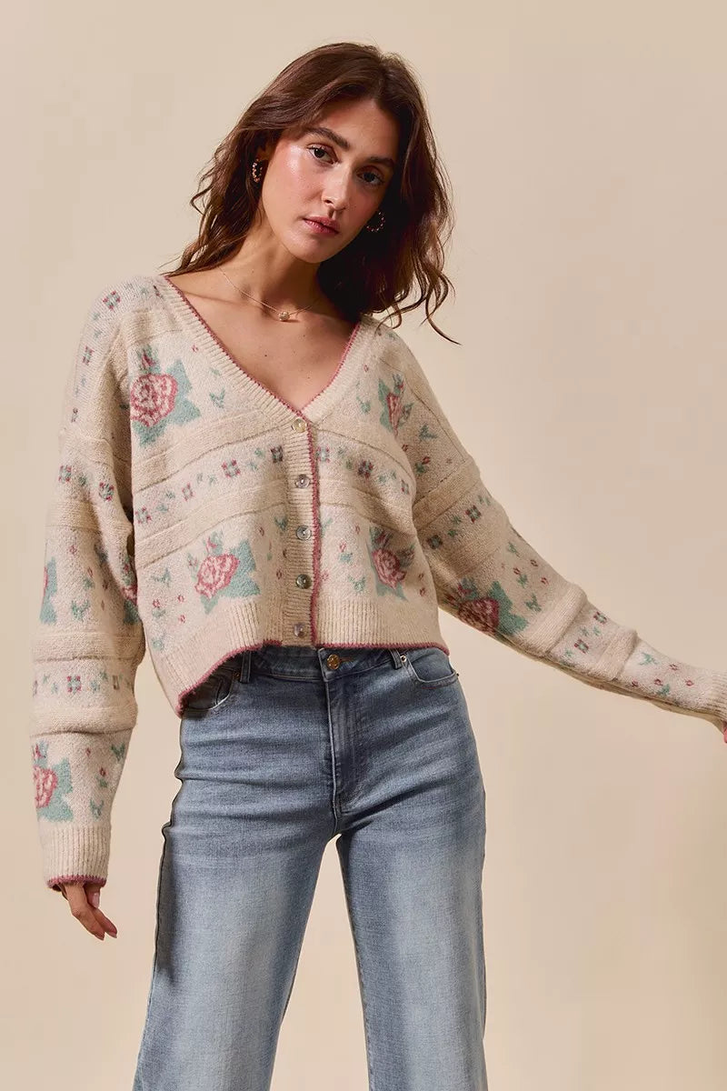 Floral Pattern Long Sleeve Button Sweater Cardigan