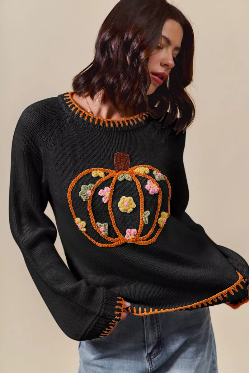 Pumpkin Floral Embroidered Thanksgiving Sweater