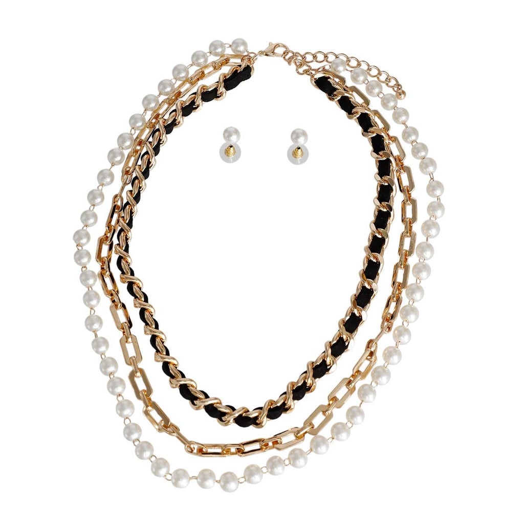 Layered 3-Layer Gold Chain and Pearl Statement Necklace, Trendy Chic Jewelry