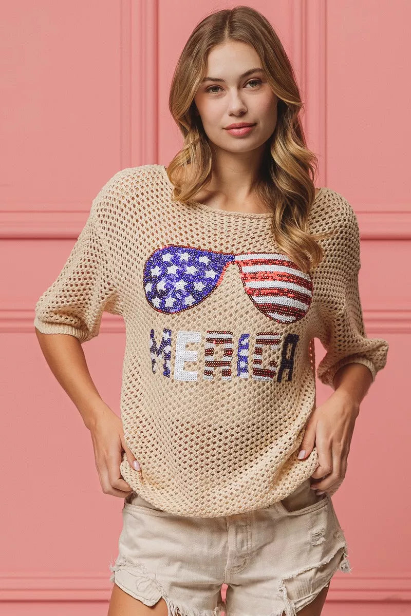 Sequin American Flag Sunglasses Knit Cover Up