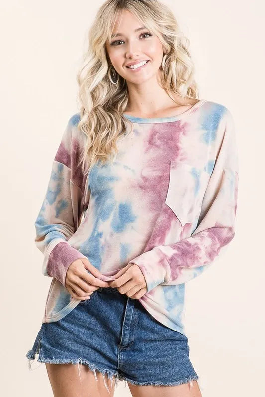 Tie Dye Print Terry Top With Front Patch Pocket