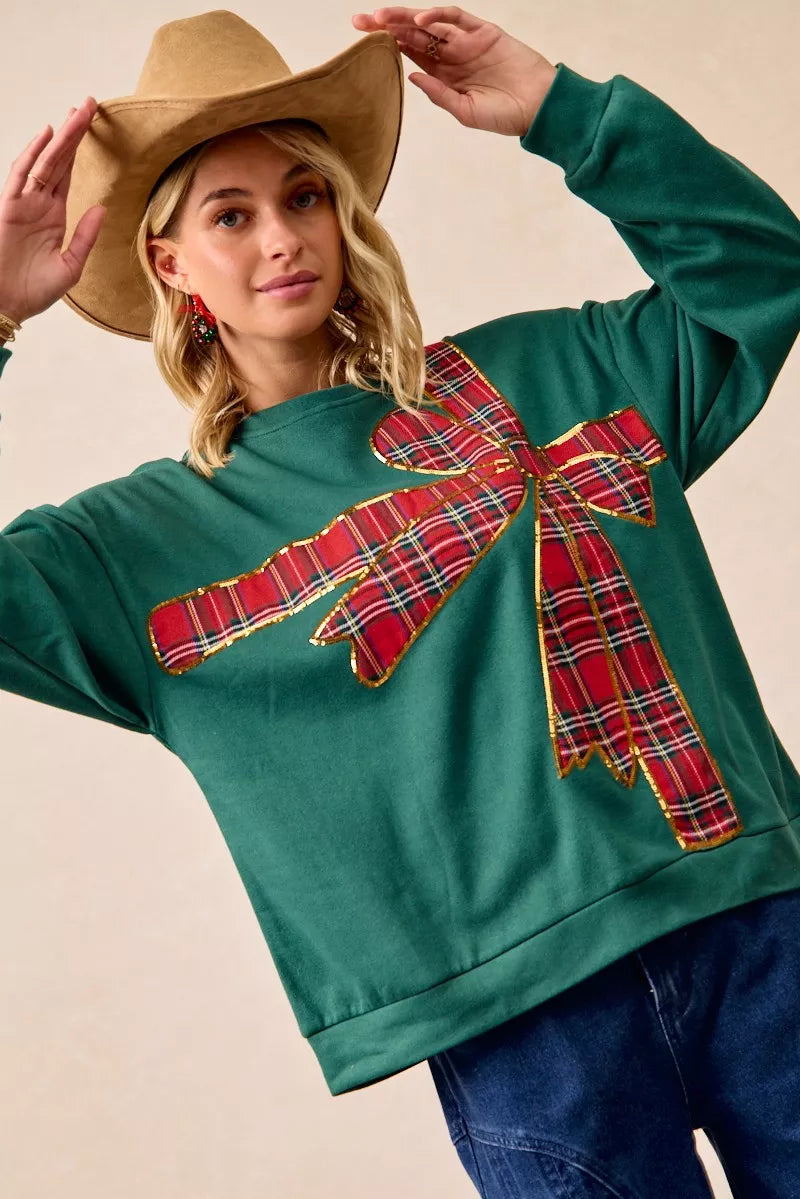 Plaid Ribbon Bow Detail Christmas Fleece Pullover