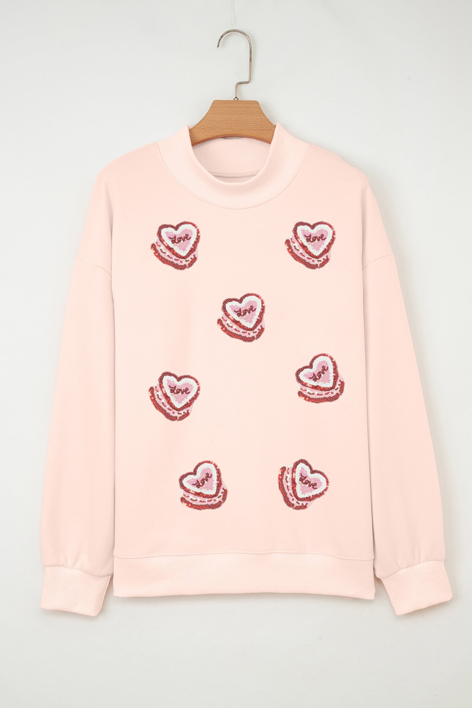 Light Pink Sequin Heart Patched Love Cake Mock Neck Sweatshirt