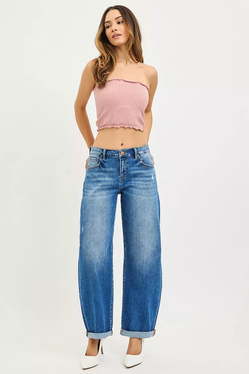 Full Size Mid Rise Barrel Double Roll Up Jeans Plus Size
