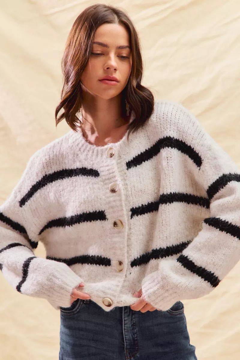 Stripe Soft Touch Button Cozy Sweater Cardigan