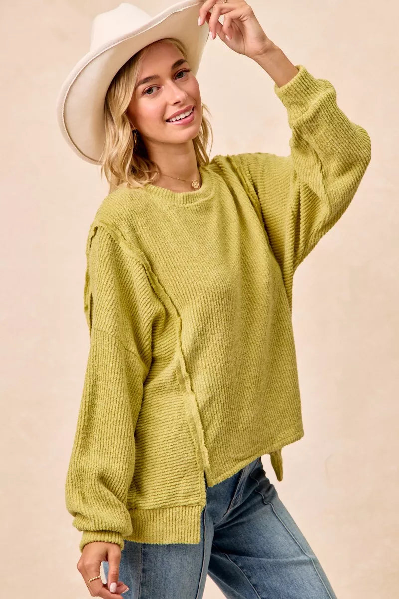 Boucle Rib Knit Uneven Hem Sweater With Open Seam