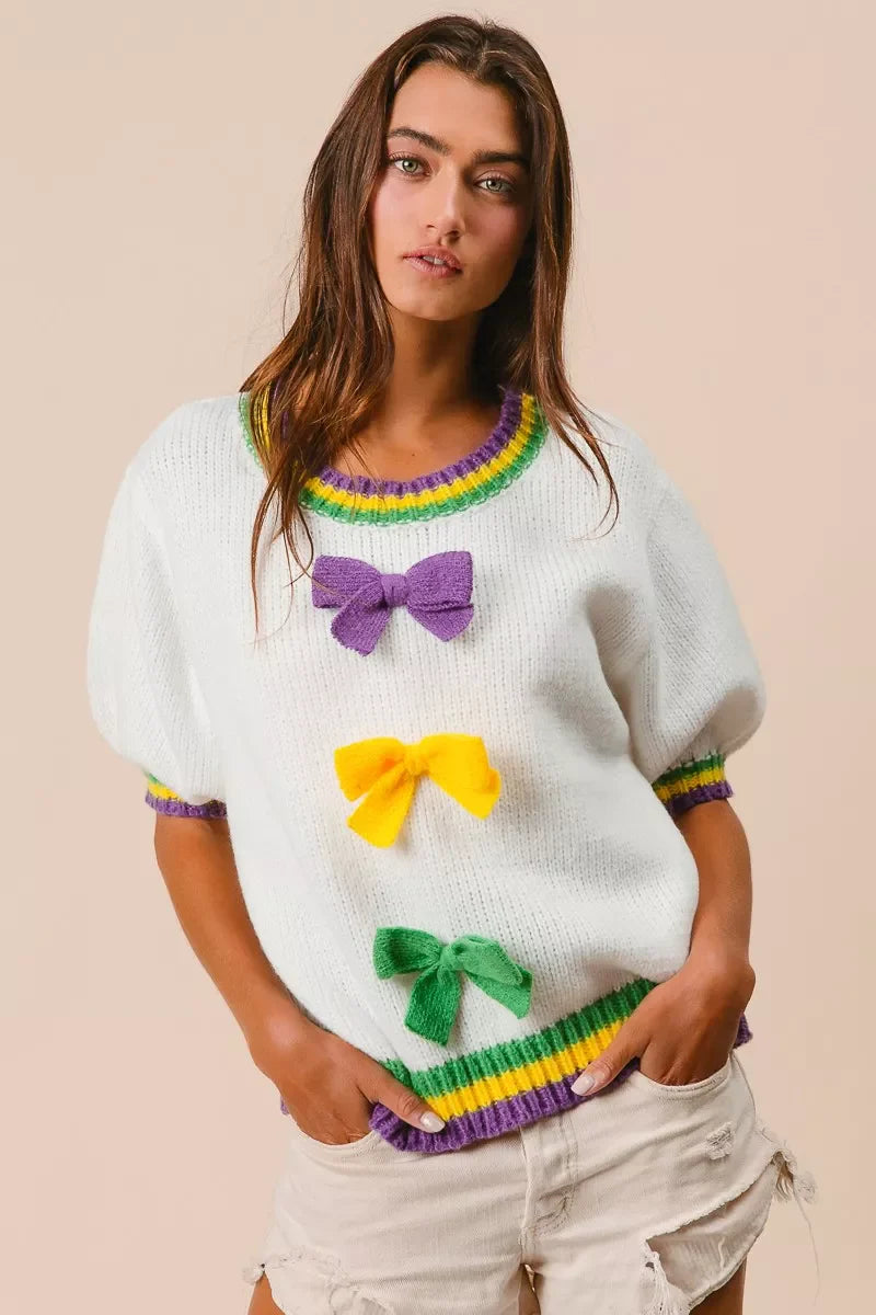 Short Puff Sleeve Ribbon Bow Mardi Gras Sweater