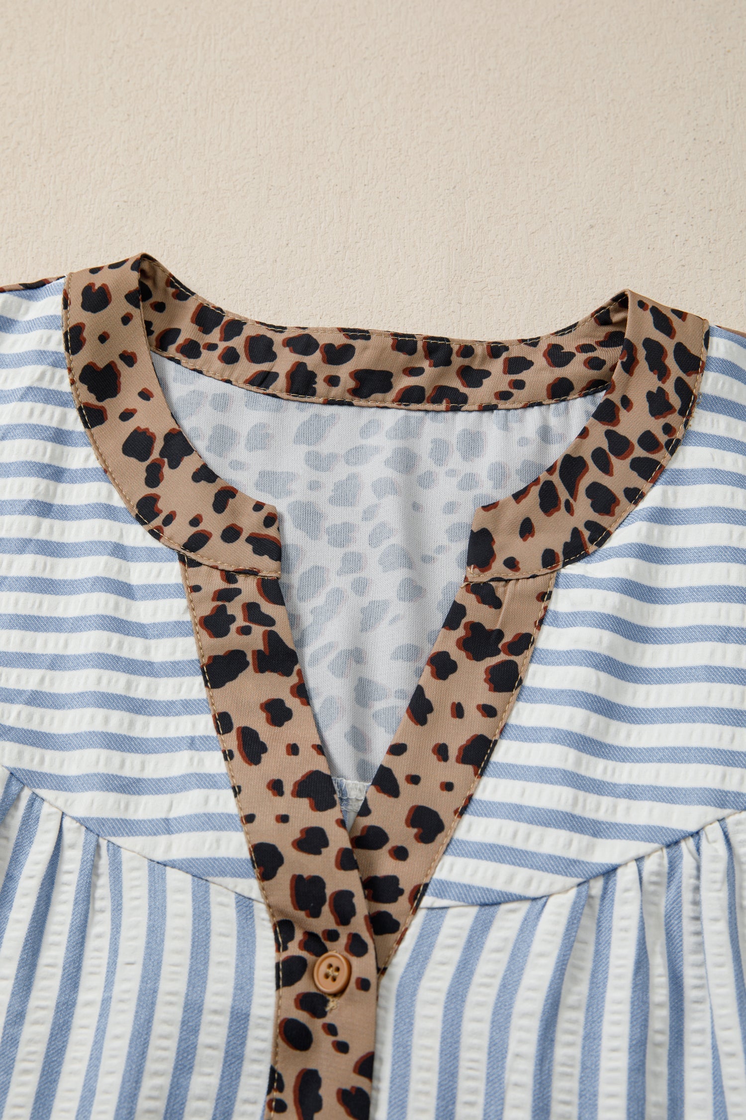 Sky Blue Stripe Leopard Trim V Neck Button Down Half Sleeve Shirt
