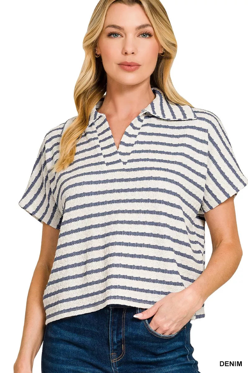 Striped Split Neck Collared Top