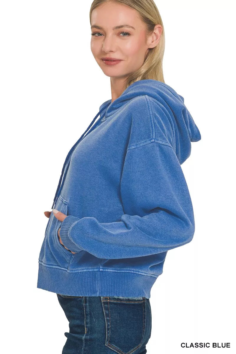 Fleece Pigment Dye Half Zip Kangaroo Pocket Hoodie