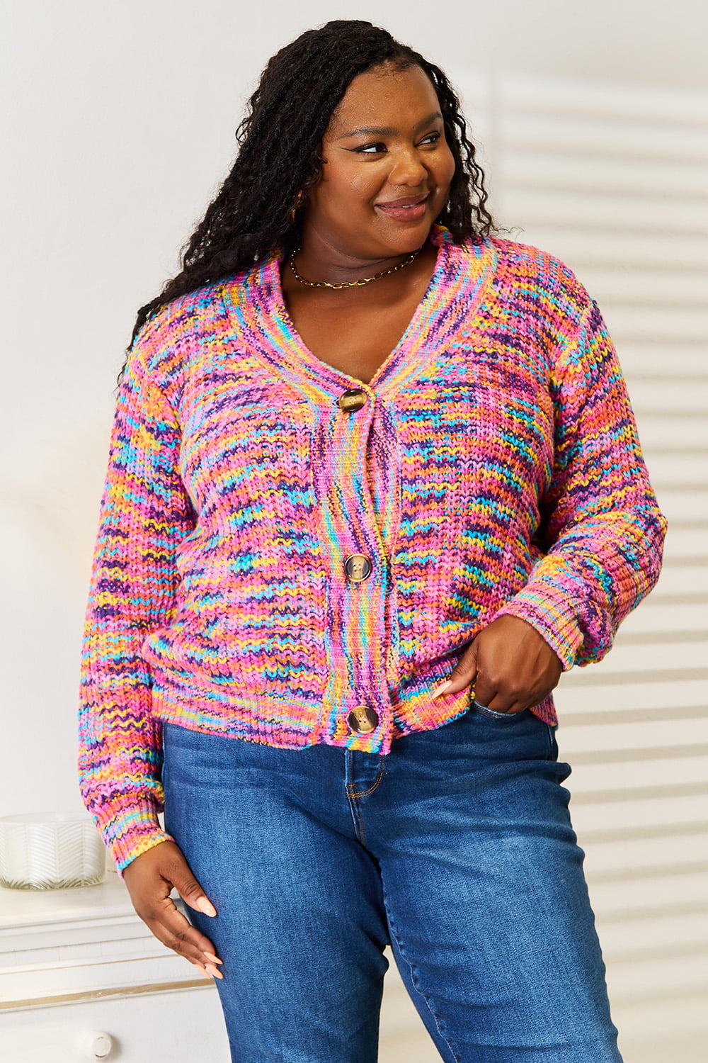 I am A Fashion Junky Woven Right V-Neck Long Sleeve Cardigan