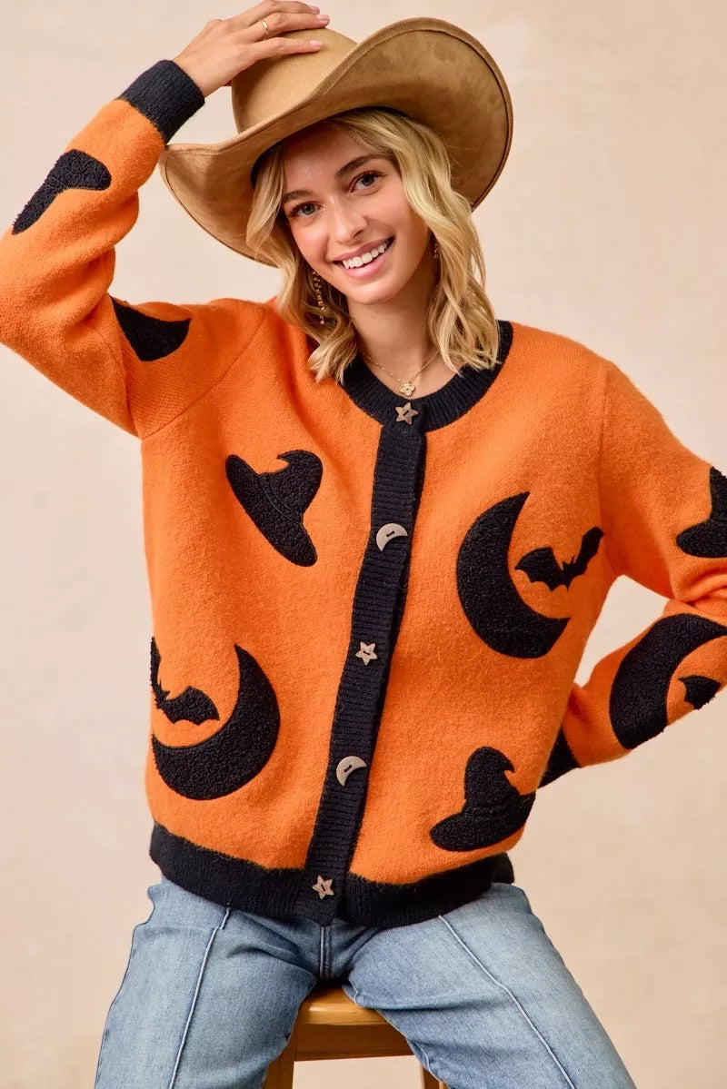 Halloween Witch Hat Moon Bat Artwork Cardigan