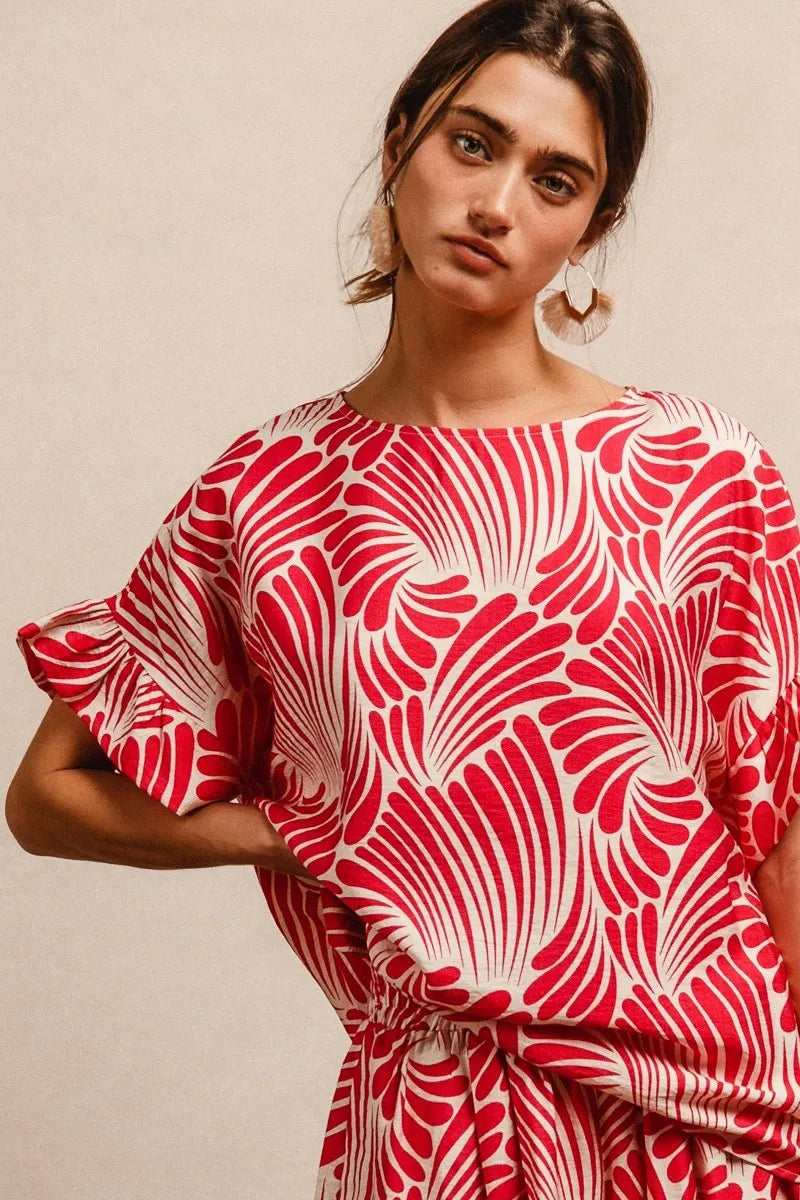 Print Woven Ruffled Sleeves Top