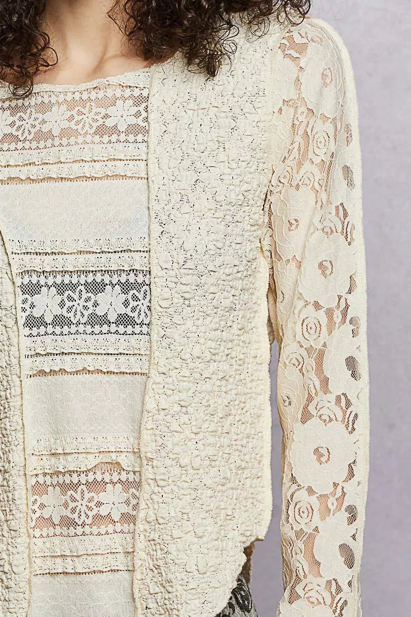 Round Neck Long Sleeve Exposed Seam Top with Lace Detail