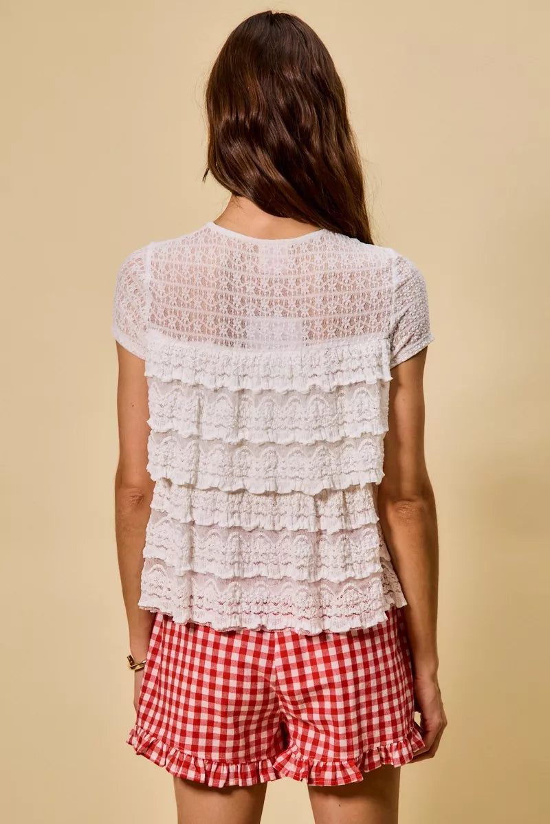 Ruffle Tiered Stretch Lace Short Sleeves Knit Top